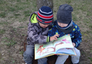 Chłopcy oglądają ilustracje w książeczce